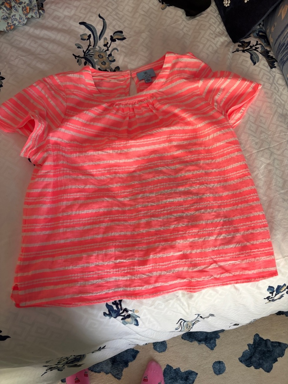 Cece Neon Coral Striped Short Sleeve Top Large